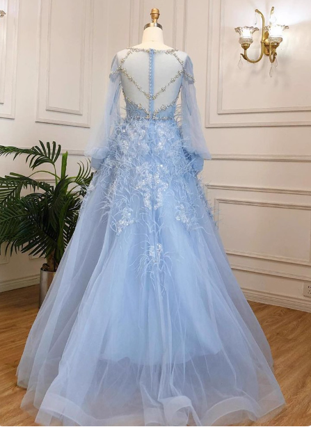 Princess Sky Blue Long Crew Neck Feather Sparkling Diamond Tulle Prom Dress Evening Dress