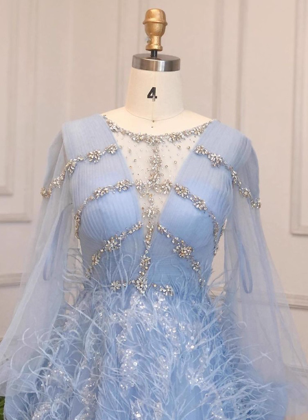 Princess Sky Blue Long Crew Neck Feather Sparkling Diamond Tulle Prom Dress Evening Dress