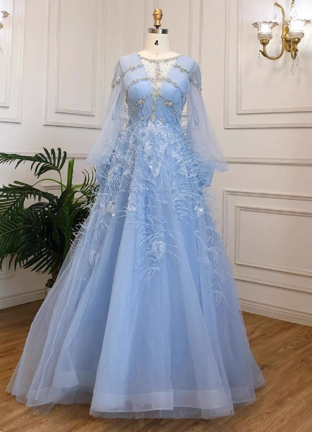 Princess Sky Blue Long Crew Neck Feather Sparkling Diamond Tulle Prom Dress Evening Dress Main image