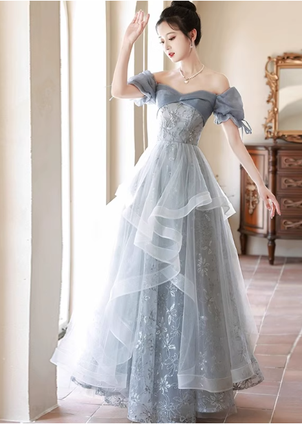 Princess Slate Blue A-Line Puff Sleeve Embroidered Tulle Long Prom Dress Evening Dress