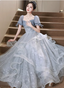 Princess Slate Blue A-Line Puff Sleeve Embroidered Tulle Long Prom Dress Evening Dress
