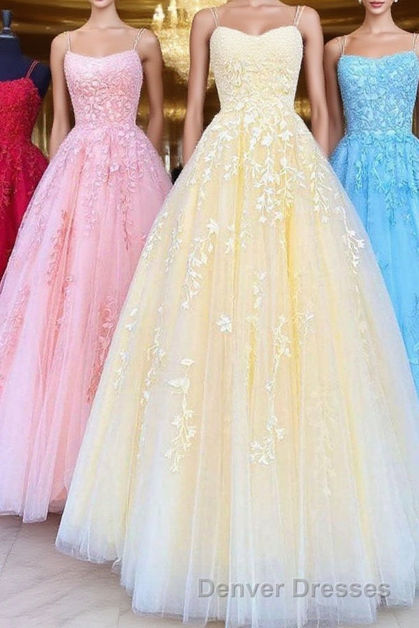 Princess Straps Long Prom Dress with Lace Appliques,Evening Gowns