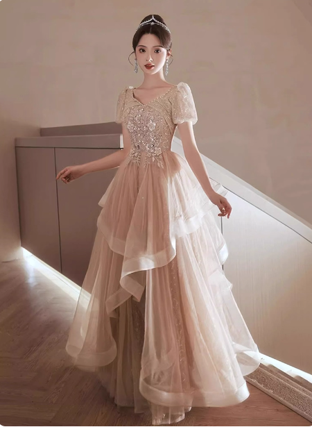 Princess Sweet Champagne Nude A-Line Puff Short Sleeve Layered Tulle Long Prom Dress Evening Dress Secondary image