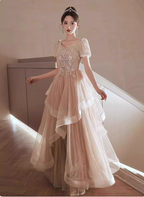 Princess Sweet Champagne Nude A-Line Puff Short Sleeve Layered Tulle Long Prom Dress Evening Dress