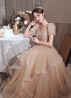 Princess Sweet Champagne Nude A-Line Puff Short Sleeve Layered Tulle Long Prom Dress Evening Dress