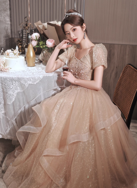 Princess Sweet Champagne Nude A-Line Puff Short Sleeve Layered Tulle Long Prom Dress Evening Dress