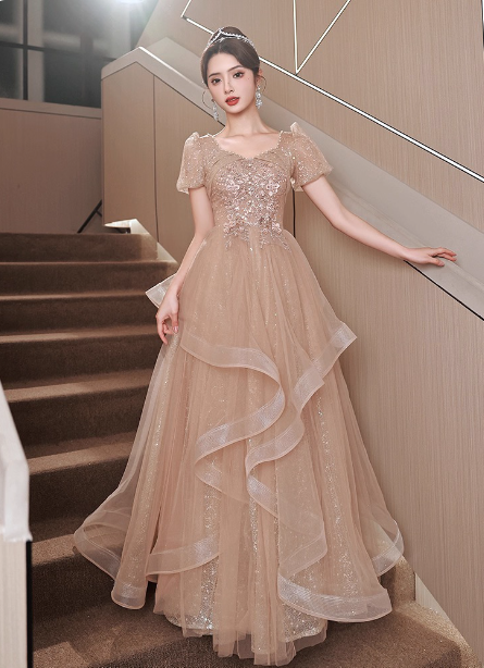 Princess Sweet Champagne Nude A-Line Puff Short Sleeve Layered Tulle Long Prom Dress Evening Dress Main image