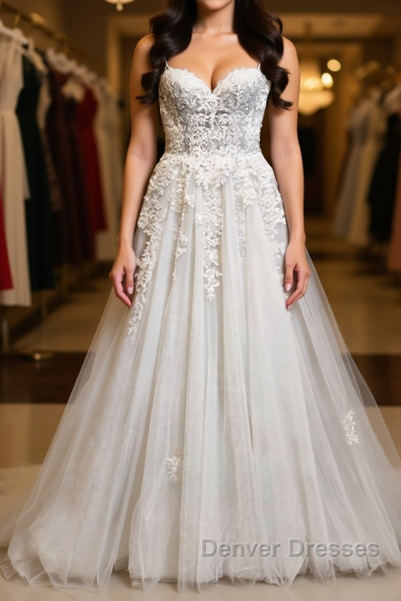 Princess Sweetheart Neck White Lace Prom Wedding Dress, Ivory Lace Formal Dress, White Evening Dress