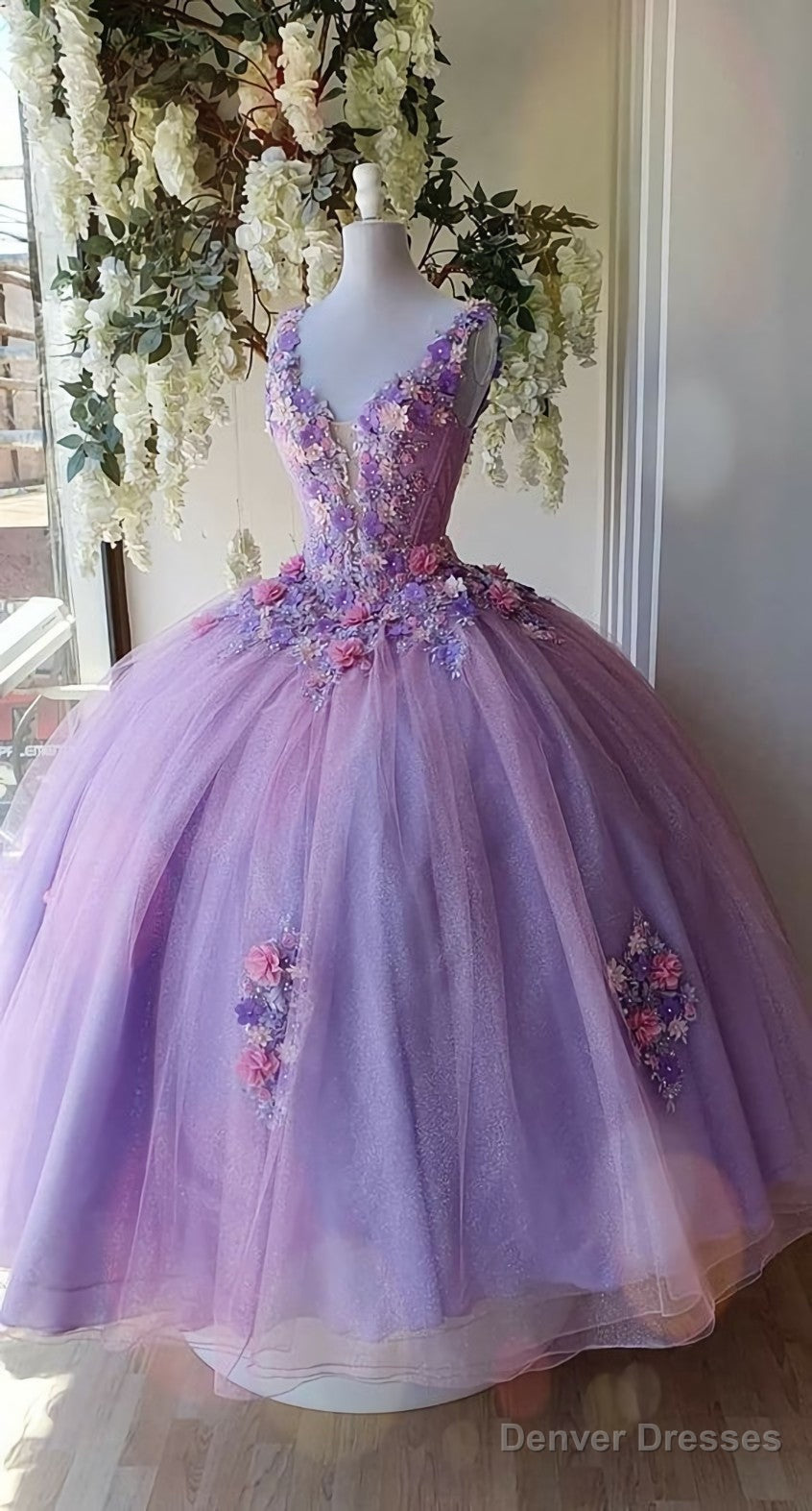 Princess Tulle Long Prom Dress with Flower,Ball Gowns Quinceanera Dresses Main image
