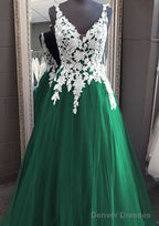 Princess V Neck Long/Floor-Length Tulle Prom Dresses With Appliqued Lace