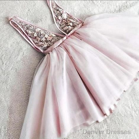 Princess V Neck Pink Appliques Short Homecoming Dress, Cute Party Gown Main image