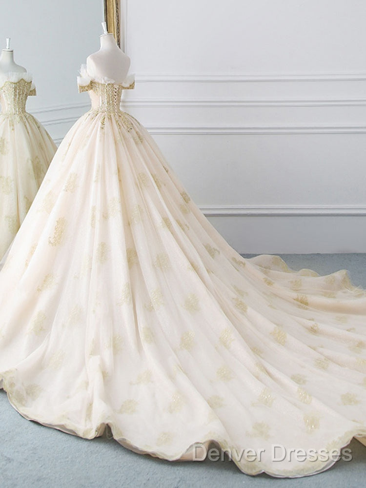 Princesse De Luxe Off The Shoulder Short Sleeve Beaded Sequins Appliques Luxury Princess Ball Gown Wedding Dress Prom Dress Evening Dress