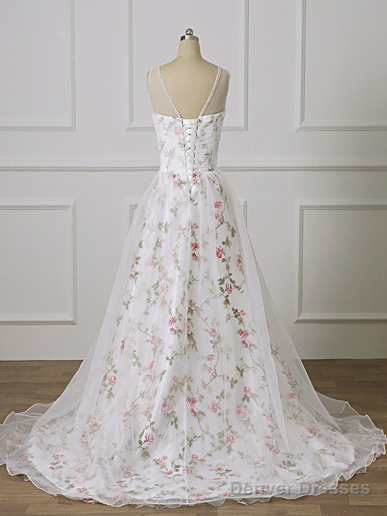 Print Floral Straps Lace Appliques White Long Prom Dress Secondary image