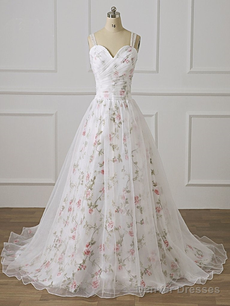 Print Floral Straps Lace Appliques White Long Prom Dress