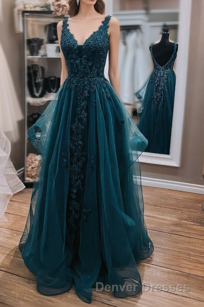 Teal Blue Tulle V-Neckline Long Party Dress With Lace, Teal Blue Long Prom Dress Main image