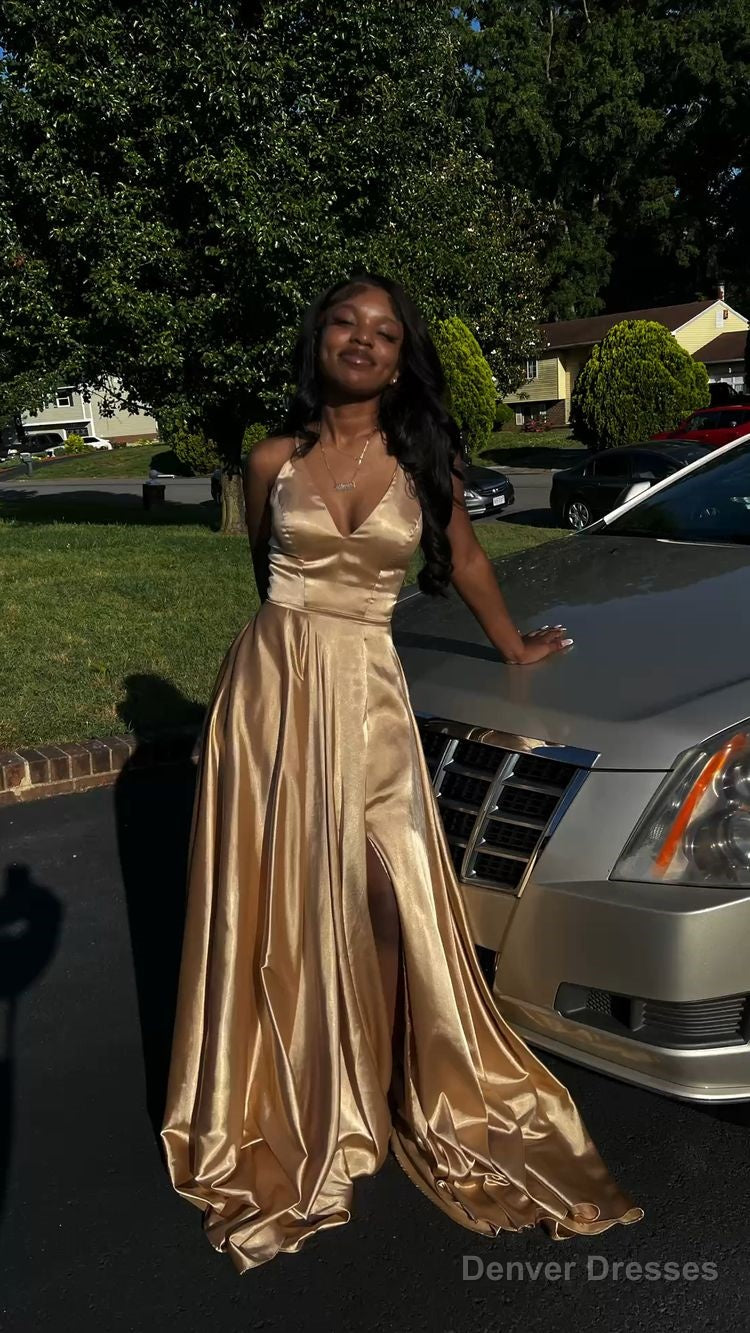 A Line V Neck Gold Prom Dresses, Sleeveless Satin Long Prom Dress Secondary image