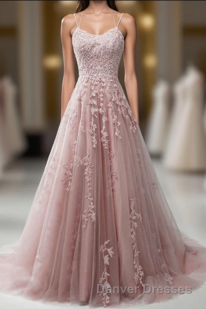 Pink Lace Applique A Line Elegant Spaghetti Straps  Prom Dress Main image
