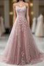 Pink Lace Applique A Line Elegant Spaghetti Straps  Prom Dress