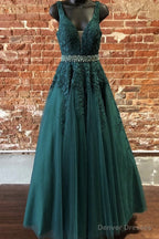 Deep Green Prom Dresses, Tulle Lace V Neck Long Prom Dress Formal Dress
