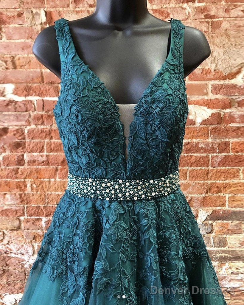 Deep Green Prom Dresses, Tulle Lace V Neck Long Prom Dress Formal Dress