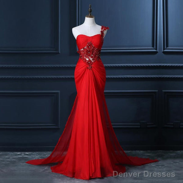 One Shoulder Prom Dress With Beaded Flowers, Unique Red Prom Gowns, Mermaid Chiffon Prom Dress With Cut-out Main image
