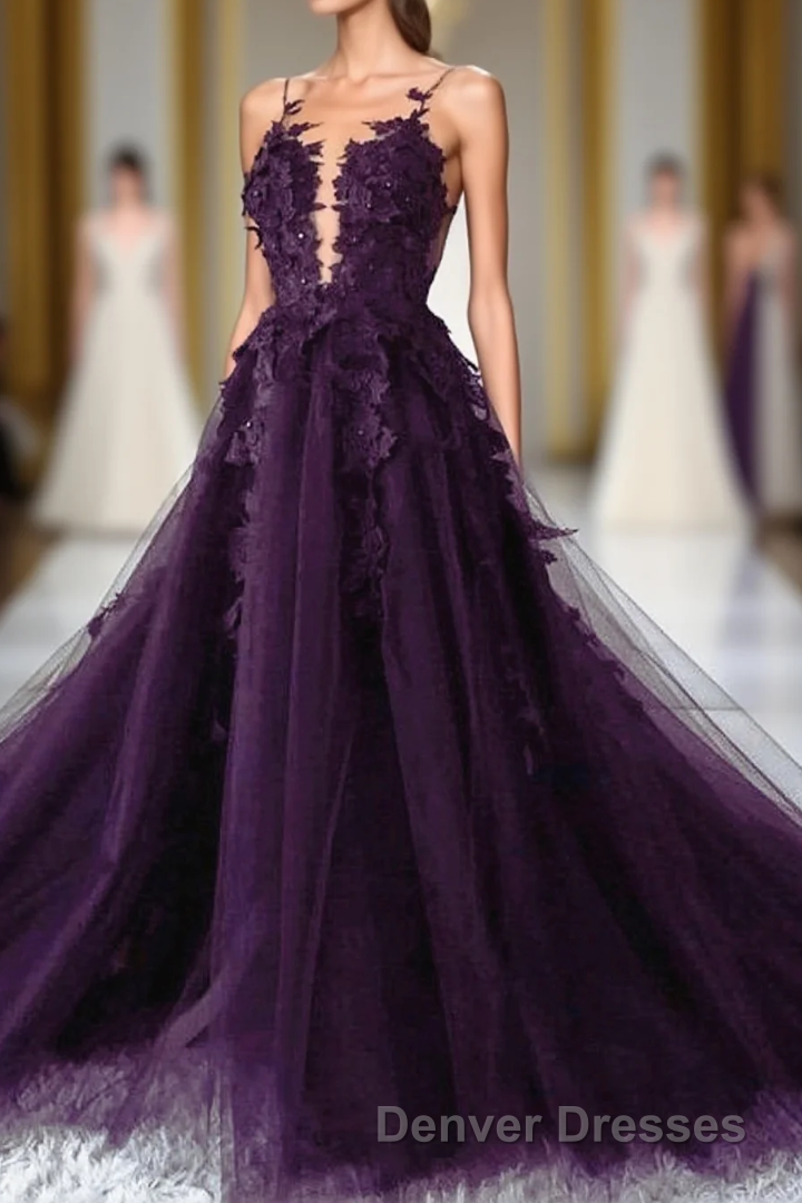 Dark Purple Tulle With Lace Applique Long Wedding Party Dress, Purple Formal Dress Main image