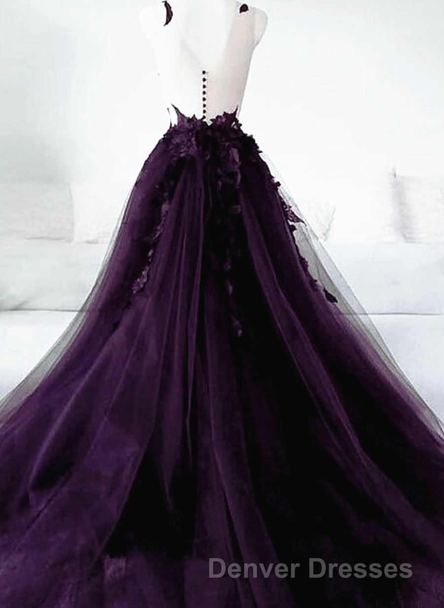 Dark Purple Tulle With Lace Applique Long Wedding Party Dress, Purple Formal Dress Secondary image