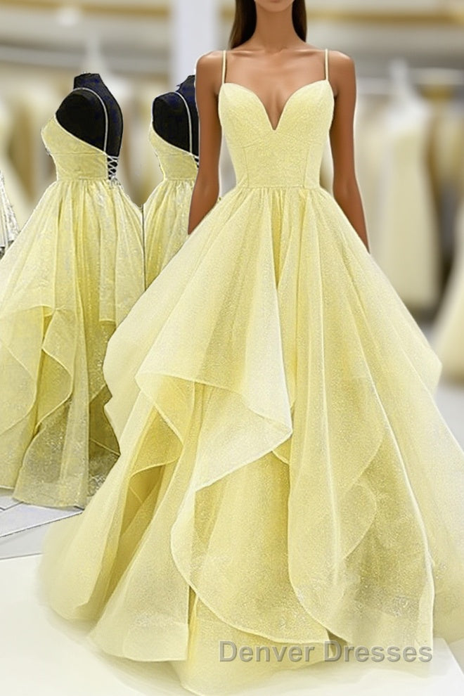 Light Yellow Tulle Straps Long Prom Gown, Lace-Up Tulle Evening Dress Main image
