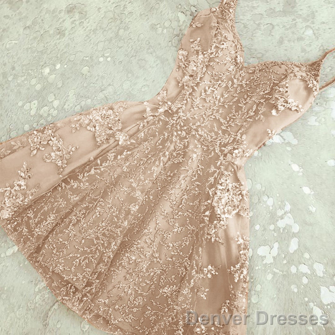 A Line Spaghetti Straps Champagne Short Short Cute Prom Dresses Main image