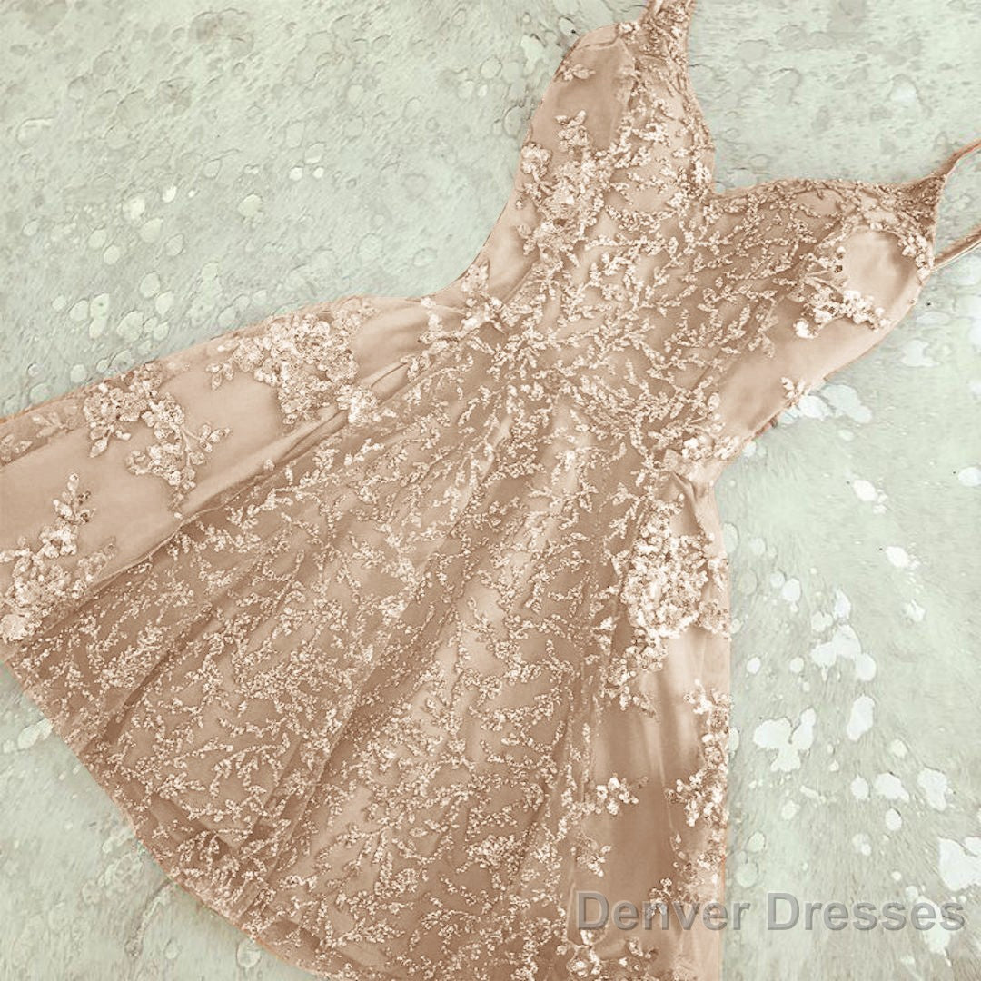 A Line Spaghetti Straps Champagne Short Short Cute Prom Dresses Main image