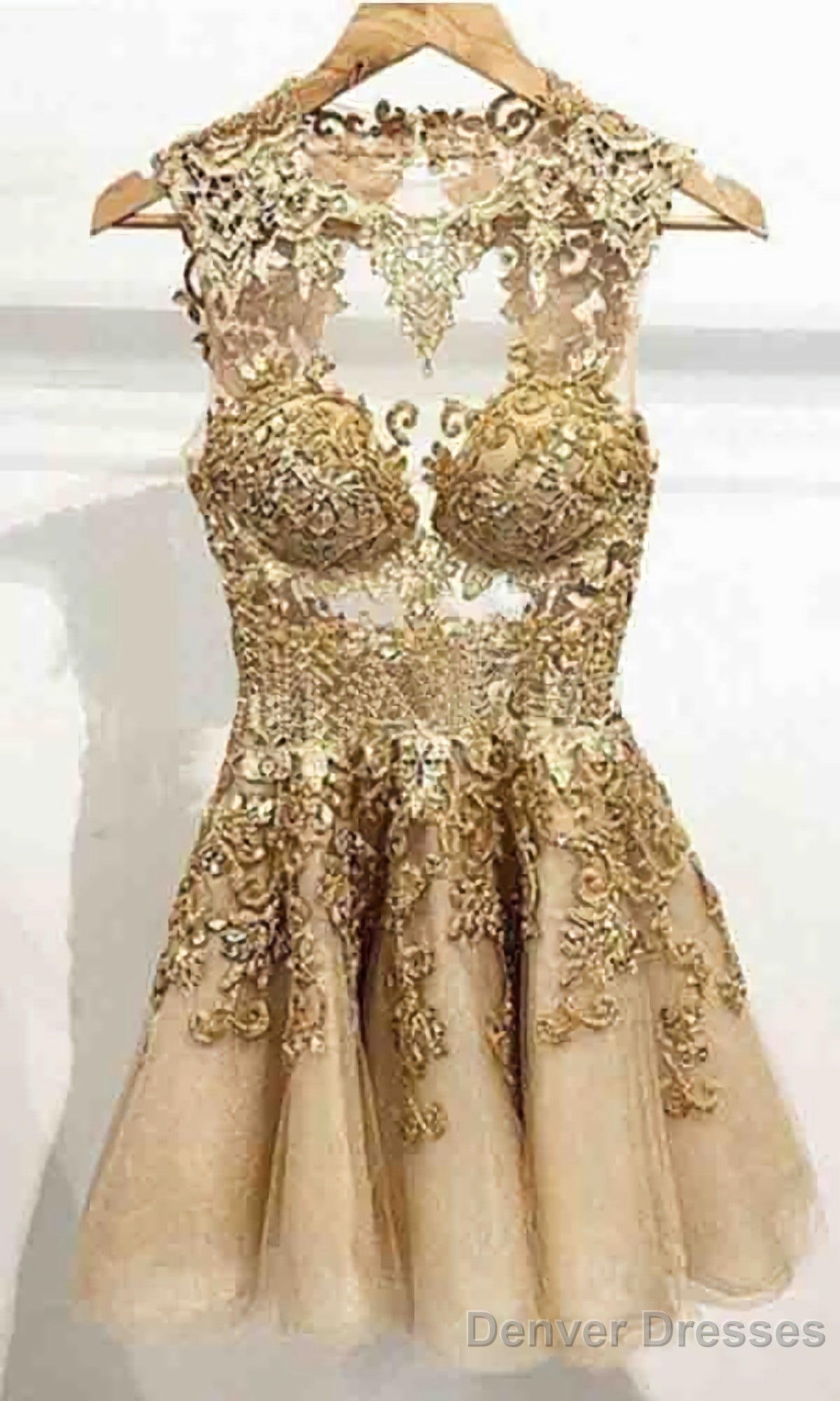 Hot A Line Jewel See Through Tulle Short Gold Homecoming Dresses Main image