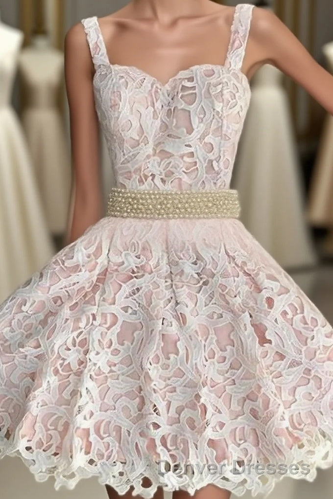 Adorable Two Piece A Line Lace Short Short Homecoming Dress Main image