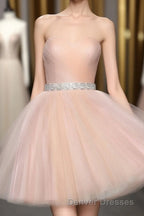 Strapless Blush Pink Tulle Short With Sash Sweet 16 Cute Prom Dress