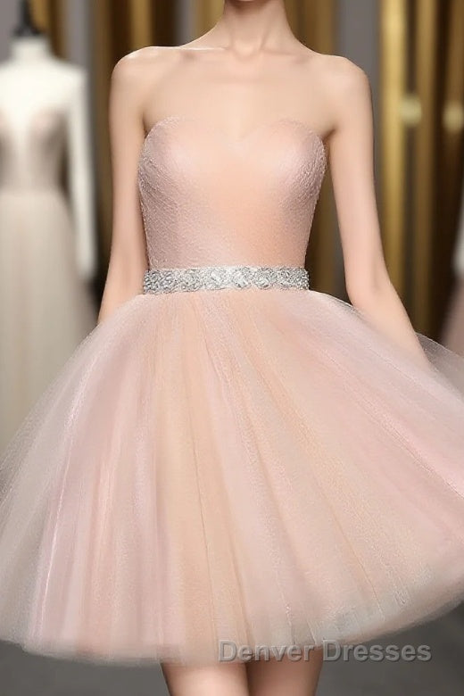 Strapless Blush Pink Tulle Short With Sash Sweet 16 Cute Prom Dress
