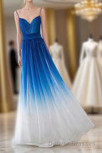 Spaghetti Strap Royal Blue Ombre Long Chiffon Royal Blue Ombre A Line Sweetheart Prom Dress