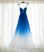 Spaghetti Strap Royal Blue Ombre Long Chiffon Royal Blue Ombre A Line Sweetheart Prom Dress