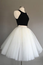 Two Piece Halter Knee Length Short Sleeveless Black Ivory Tulle Homecoming Dress
