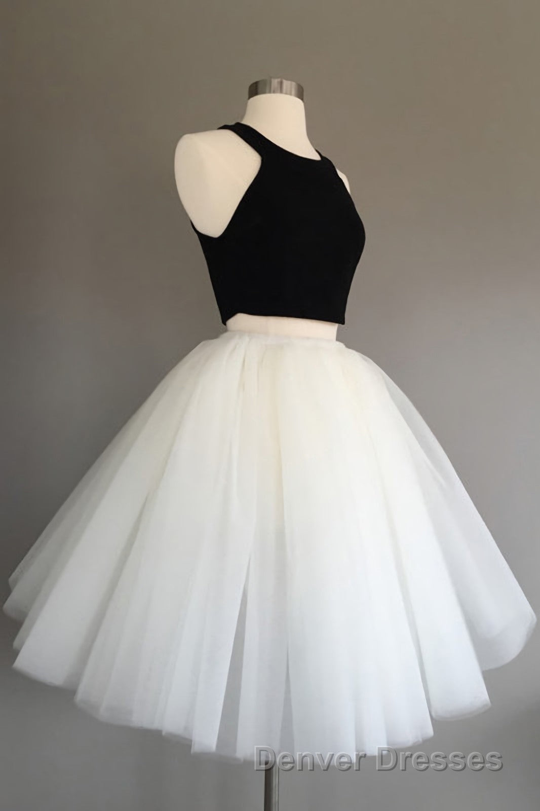 Two Piece Halter Knee Length Short Sleeveless Black Ivory Tulle Homecoming Dress
