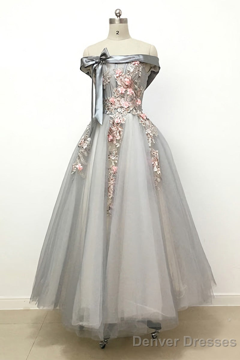 Light Grey Tulle Off Shoulder Flower Lace A Line Prom Dresses