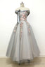 Light Grey Tulle Off Shoulder Flower Lace A Line Prom Dresses