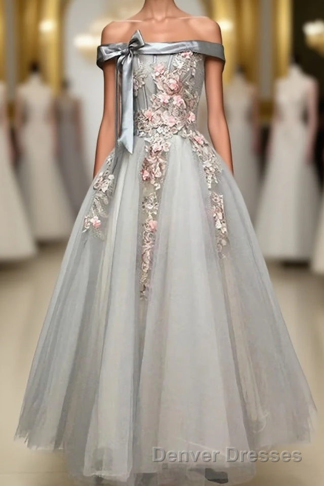 Light Grey Tulle Off Shoulder Flower Lace A Line Prom Dress Main image