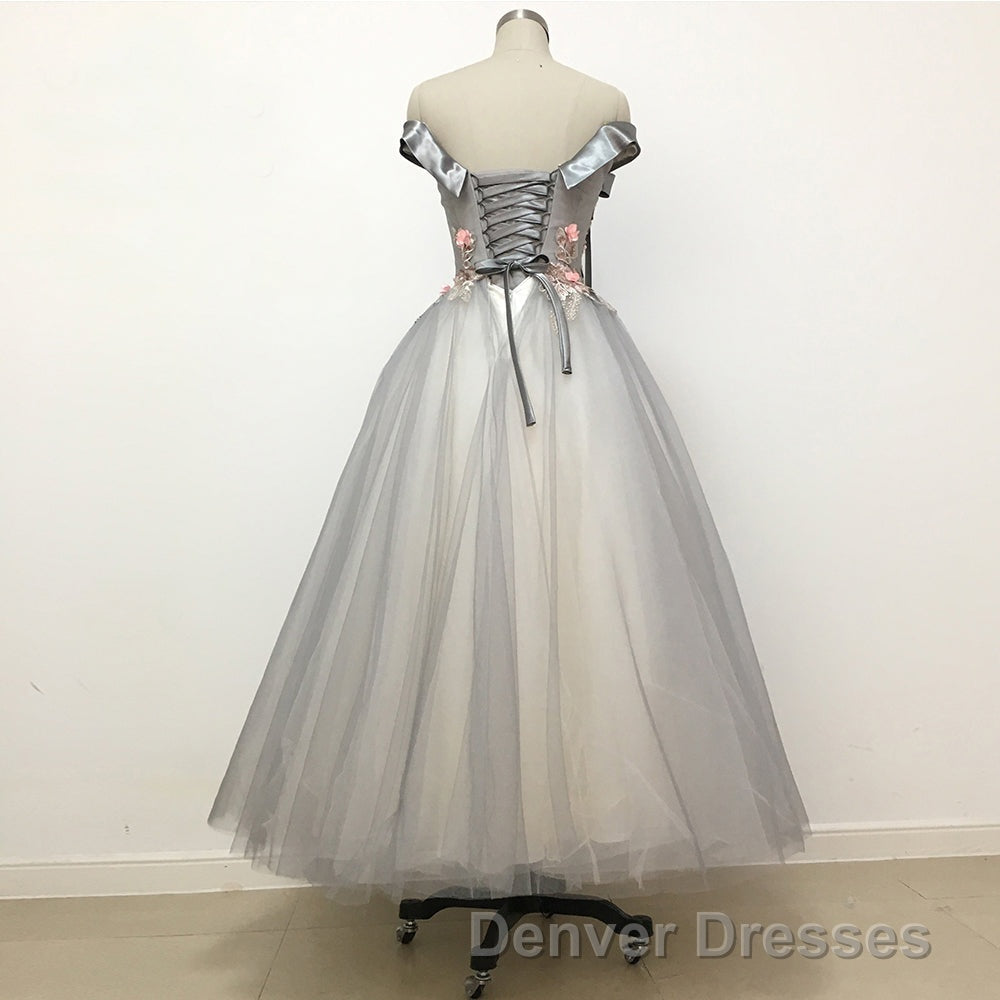 Light Grey Tulle Off Shoulder Flower Lace A Line Prom Dress Secondary image