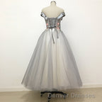 Light Grey Tulle Off Shoulder Flower Lace A Line Prom Dress