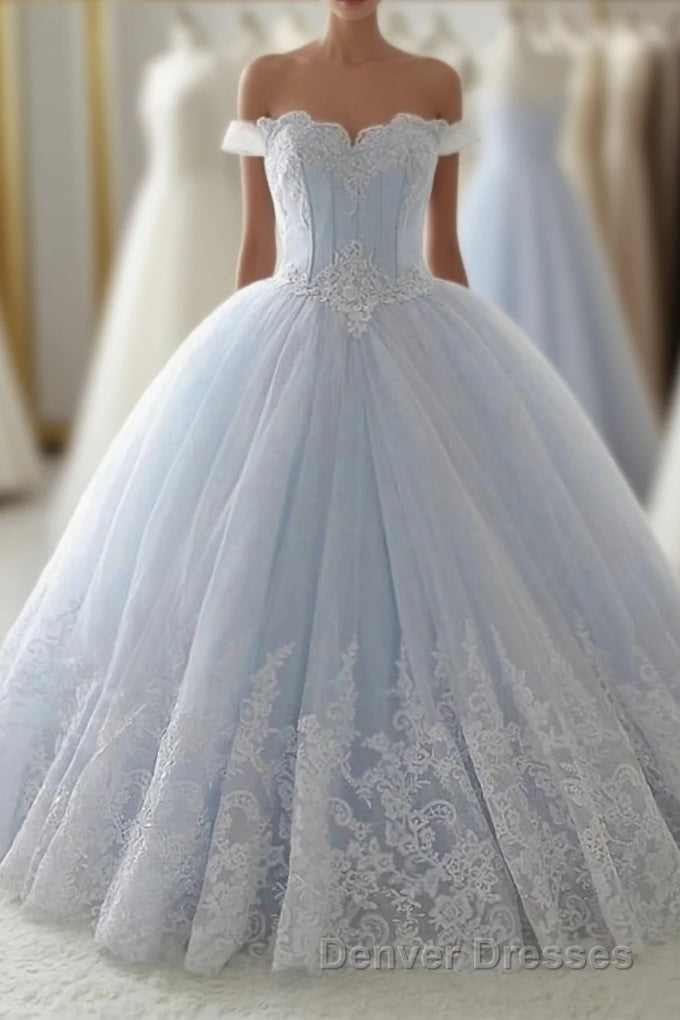 Light Blue Lace Sweetheart A Line Long Princess Prom Dress
