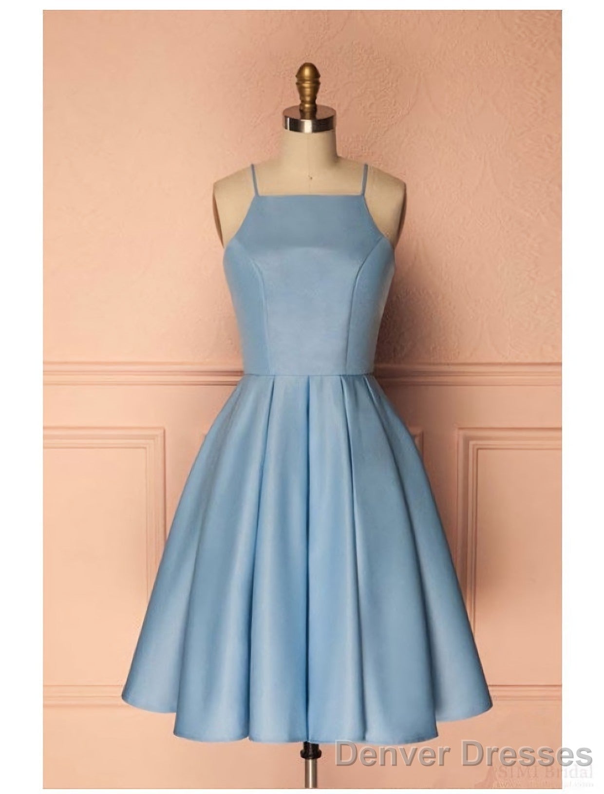 Sky Blue A Line Satin Blue Spaghetti Straps Short Prom Dresses Main image
