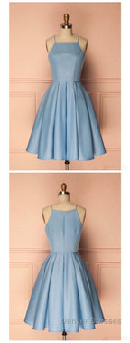 Sky Blue A Line Satin Blue Spaghetti Straps Short Prom Dress