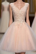 Princess V Neck Tulle Short Mini Appliques Lace Sweet Prom Dress