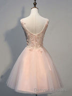 Princess V Neck Tulle Short Mini Appliques Lace Sweet Prom Dress