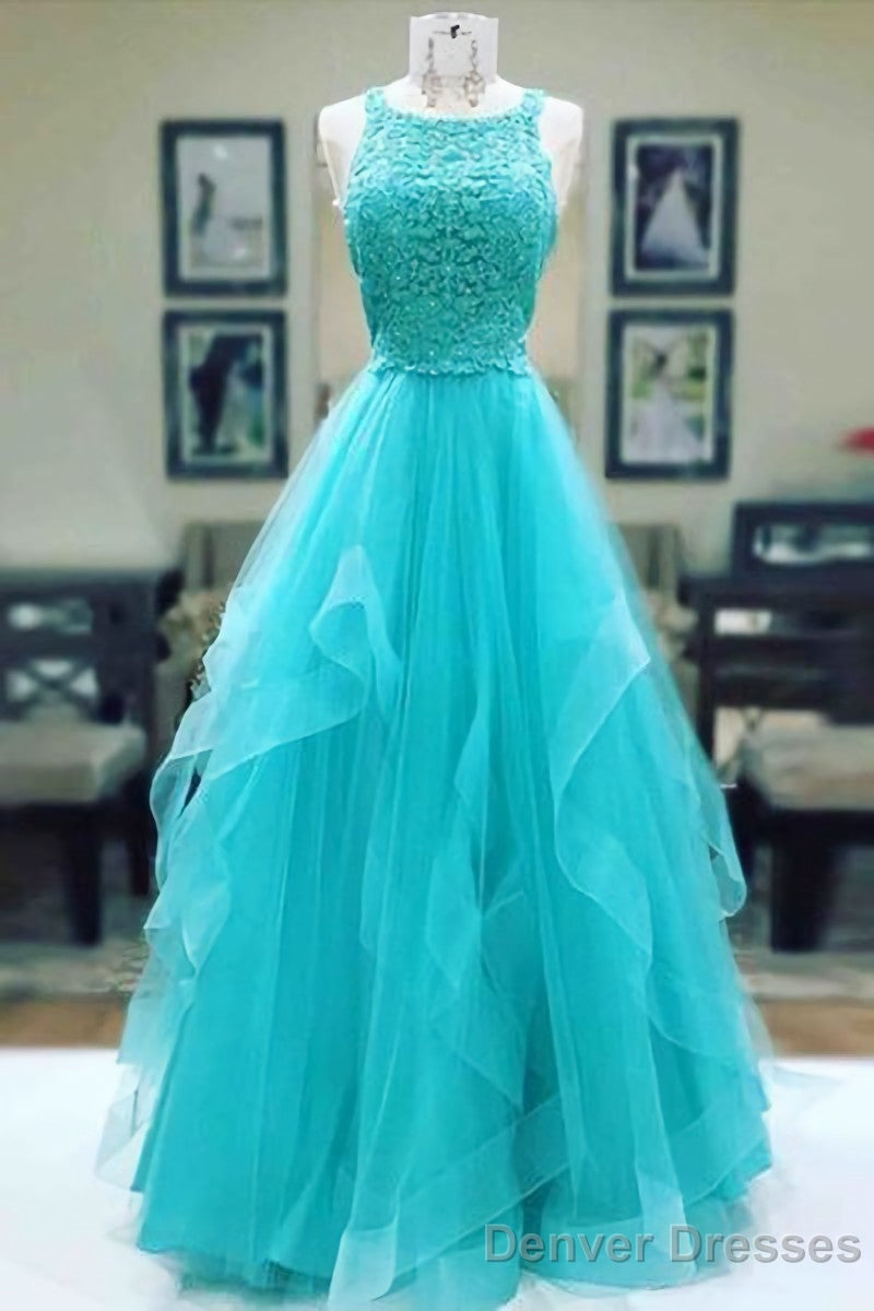 Elegant Charming Sleeveless Blue Tulle Lace Long Prom Dresses Main image