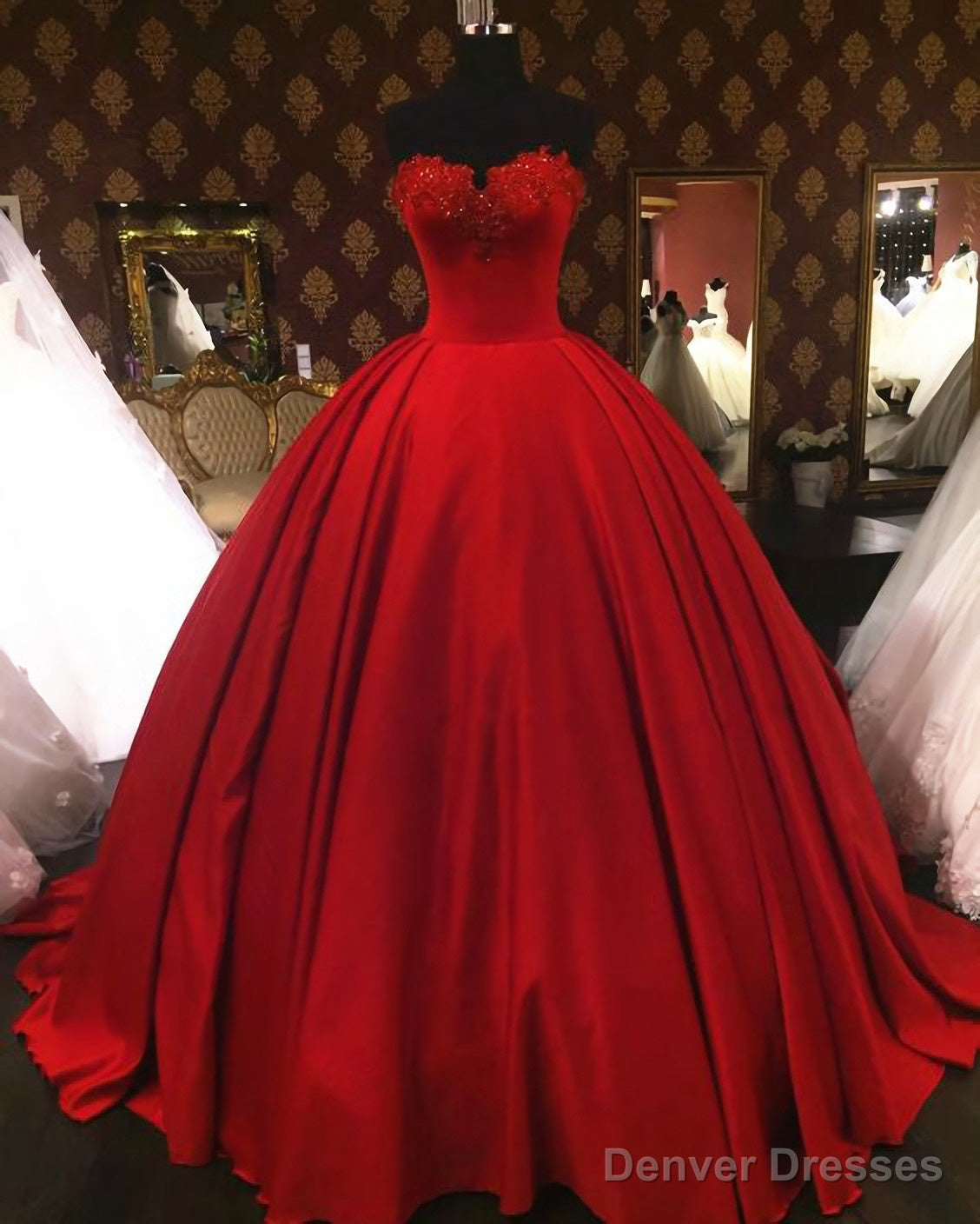 Sweetheart Wine Red Lace Appliques Red Princess Prom Dresses